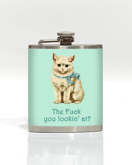 Part of our Cool Gifts Collection, this stainless steel hip flask, the You Lookin At Hip Flask by Blue Dog Posters, features an illustration of a white cat wearing a blue ribbon on a light blue background. Below the cat, the text reads, "The Fuck you lookin' at?