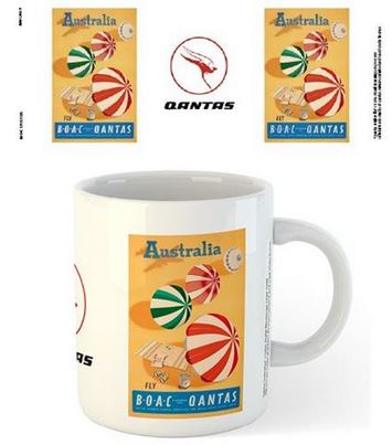 A Qantas - Umbrellas Mug from the Blue Dog Posters featuring a vintage travel poster with "Australia" and "Fly BOAC Qantas," plus illustrations of an airplane and hot air balloons in red, white, and green. The dishwasher-safe mug is shown from multiple angles with the Qantas logo above it.