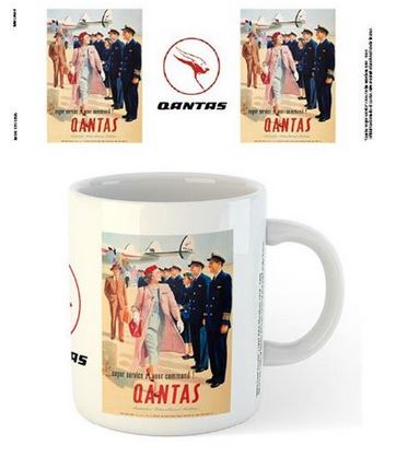 A Qantas - Super Service Mug from Blue Dog Posters featuring a vintage Qantas advertisement with images of flight attendants and pilots standing near an airplane. Part of the exclusive Homewares Collection, this dishwasher-safe mug is pictured in front of two smaller copies of the same advertisement and the Qantas logo.