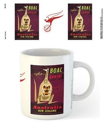 White mug featuring a vintage travel poster with a kangaroo, an airplane, and text reading "BOAC Qantas Australia New Zealand." Part of our Homewares Collection, this dishwasher-safe Qantas - Retro Kangaroo Mug by Blue Dog Posters includes the iconic Qantas kangaroo with additional small images of the poster and logo beside the mug.
