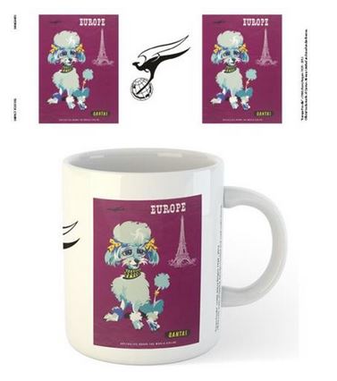 A white coffee mug from the Homewares Collection features a colorful illustration of a poodle wearing sunglasses in front of the Eiffel Tower, under the word "EUROPE" on both sides. The sublimation-printed design is displayed twice above the Qantas - Europe Poodle Mug by Blue Dog Posters.