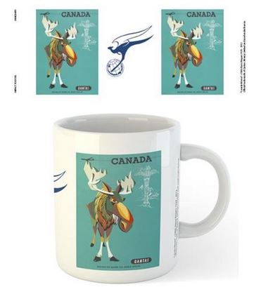 A white coffee mug from our Blue Dog Posters features a green and blue graphic of a moose with the word "CANADA" above it. It also includes an illustration of a bird in blue. The Qantas - Canada Moose Mug is dishwasher safe and showcases two additional images of the same graphic beside and above it.
