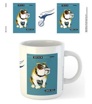 This officially licensed white coffee mug features a stylized illustration of a bulldog wearing a spiked collar against a blue background. Part of the Homewares Collection, the image is reproduced above with a winged wheel logo and the text "BRITAIN" and "Qantas - Britain Bulldog Mug" - Blue Dog Posters.