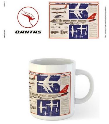 A white ceramic **Qantas - Aircraft 1920 - 1971 Mug** by **Blue Dog Posters** featuring a detailed infographic showing the evolution of Qantas aircraft from 1920 to 1971. The infographic includes images and descriptions of various planes, along with Qantas branding and a red kangaroo logo. This stylish addition to your kitchen is also conveniently dishwasher safe.