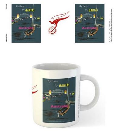 Part of our Homewares Collection, the Qantas - Fly to Sydney Harbour Mug by Blue Dog Posters features an illustration of a boat on water with Sydney Harbour Bridge and the Opera House in the background. The text "Fly there by Qantas" and "Australia" appear on the illustration along with a flying kangaroo logo. Perfect for any kitchen.
