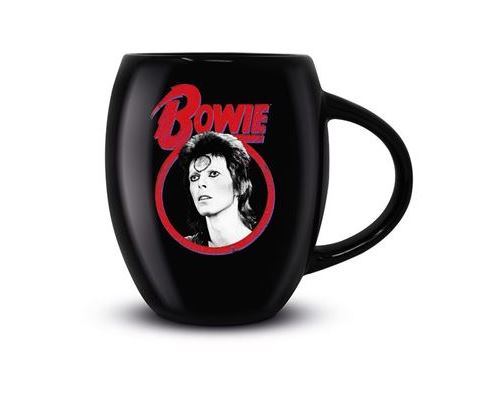 A striking David Bowie Aladdin Sane Curved Mug from Blue Dog Posters, featuring a black-and-white image of a person with a distinctive hairstyle and eye makeup within a red circle. Above the image, "Bowie" is written in bold red letters. Dishwasher safe for your convenience.