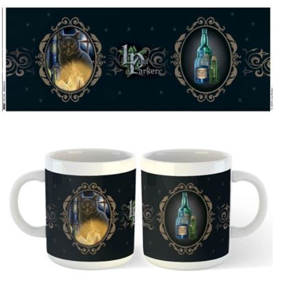 Two Lisa Parker Mugs - Bewitched from Blue Dog Posters share a gothic design. One side features a bat with glowing eyes inside an ornate frame, while the other side displays a green bottle and smaller potion container also framed ornately. The dark background adds a mystic and eerie feel to the ceramic finish.