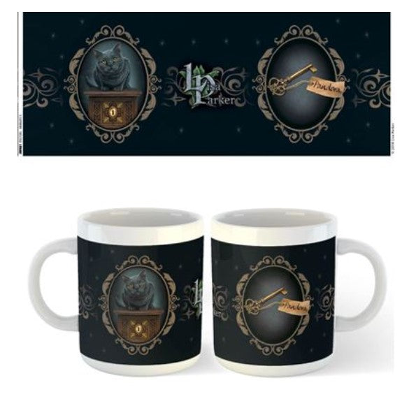 Part of our Homewares Collection, the Lisa Parker Mug - Pandoras Box from Blue Dog Posters features a grayscale cat perched on a wooden box next to an ornate clock face with a key tied to a tag. The design also includes elegant scrollwork and the word "marker" in stylized text. Plus, it's dishwasher safe for your convenience.