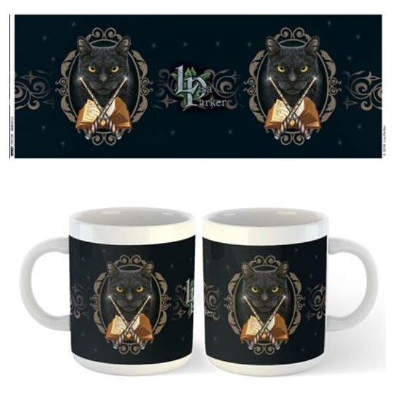 Discover our latest Homewares Collection featuring the Lisa Parker Mug - Magic Maker by Blue Dog Posters. The black mug is adorned with an image of a black cat wearing a cape and holding a lit candle. The dark, intricately designed background adds a mystical atmosphere. This twice-repeated, full wrap-around design is also dishwasher safe for your convenience.