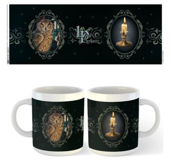 Two "Lisa Parker Mug - The Astrologer" mugs from Blue Dog Posters feature intricate designs. The left sides show a detailed owl illustration in an ornate frame, while the right sides depict a lit candle in a similar frame. Both dishwasher-safe designs are set against a dark background with elegant patterns.