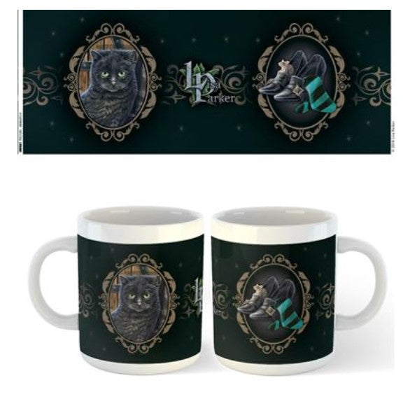 A dark green Lisa Parker Mug - Trouble and Squeak from the Blue Dog Posters showcases two images: a black cat with green eyes framed in an ornate design, and a pair of Slytherin-themed socks on a patterned background. This intricately detailed, dishwasher safe mug also features "HP" and "Parker" text as part of the design.