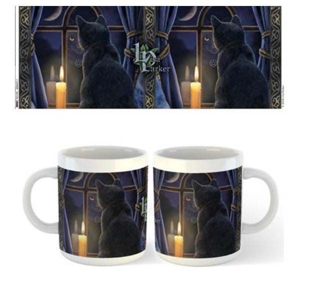 Two quality ceramic mugs, the Lisa Parker Mug - Midnight Vigil by Blue Dog Posters, feature a design of a black cat sitting on a windowsill, looking out at a night sky with a crescent moon. A lit candle is beside the cat. The same scene is displayed on both dishwasher-safe mugs, framed by dark drapes. Part of our Homewares Collection.
