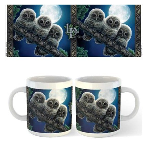 A Lisa Parker Mug - Power of Three from the Blue Dog Posters featuring an illustration of four owls perched on a branch under a full moon against a dark blue night sky. The same owl image is mirrored on both sides of the dishwasher safe mug, labeled as "Lisa Parker".