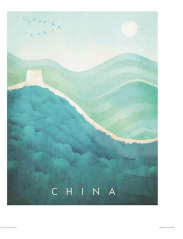Minimalist illustration of China's Great Wall winding over green hills under a bright sun and a light blue sky with birds flying. The word "CHINA" is written at the bottom. Reminiscent of Henry Rivers Art Print style, the artwork uses soft gradients of green and blue tones, creating a serene atmosphere. The product is "China by Henry Rivers" from TAP.