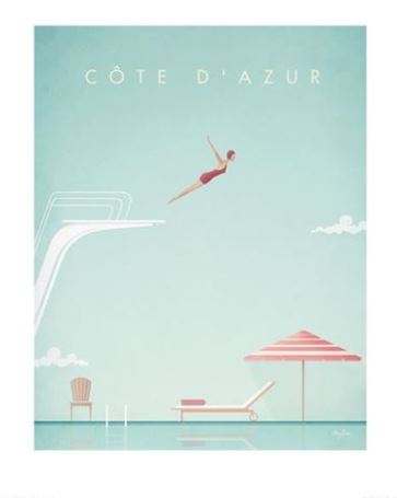 Minimalist illustration of a person diving off a high platform into a pool, with "Côte d'Azur" written above. A poolside chair, a lounge chair, and a red-striped umbrella are set against a clear sky with few clouds. Available as TAP's Cote DAzur by Henry Rivers Art Print on Matte Art Paper, perfect for travel enthusiasts.