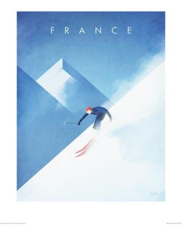 Poster depicting a skier on a downhill slope with minimalistic geometric shapes and a gradient blue background, signifying mountains. The word "FRANCE" is written at the top in white letters, suggesting the location is France. The skier wears a red hat and has red skis, embodying France by Henry Rivers style offered by TAP.