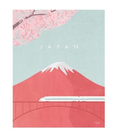 The Japan by Henry Rivers Art Print from TAP features a bullet train crossing a bridge with Mount Fuji in the background. Cherry blossoms frame the top of the image. The word "JAPAN" is written above the mountain on a pale blue sky. This travel print is crafted on premium quality Matte Art Paper in soft, pastel tones.