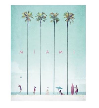 An illustration of a beach scene in Miami with tall palm trees, rendered in the signature style of a Miami by Henry Rivers TAP Print. People are playing beach volleyball, walking, and holding surfboards under the trees. The word "MIAMI" is written in pink uppercase letters between the palm trees on premium quality matte art paper.