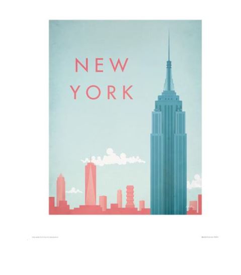 Minimalist poster of the New York City skyline, featuring the Empire State Building on the right with "NEW YORK" written at the top. The background has a light blue sky with clouds and a pink and blue color scheme for the buildings. This New York by Henry Rivers TAP Art Print is crafted on premium quality 200gsm Matte Art Paper.