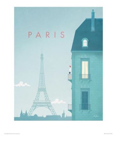 Illustration of a Parisian skyline with the word "PARIS" in red capital letters. The Eiffel Tower is prominently featured in the background. In the foreground, a person stands on a balcony of a quaint building, enjoying the view. The Paris by Henry Rivers from TAP boasts soft blues and is available on premium quality Matte Art Paper.