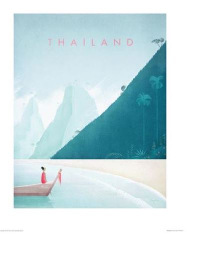 Illustrated travel poster featuring a serene beach scene in Thailand. A boat with two people wearing red clothing is on calm waters near the shore. Towering green mountains rise in the background under a soft blue sky. The word "THAILAND" is written at the top, showcasing Thailand by Henry Rivers and TAP style.