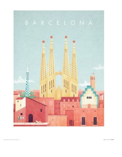 Minimalist illustration of Barcelona by Henry Rivers featuring the iconic Sagrada Família with its distinctive tall spires, surrounded by colorful buildings in muted tones of peach, pink, and teal. Perfect as travel prints, the scene is set against a clear blue sky with few clouds, printed on matte art paper from TAP.