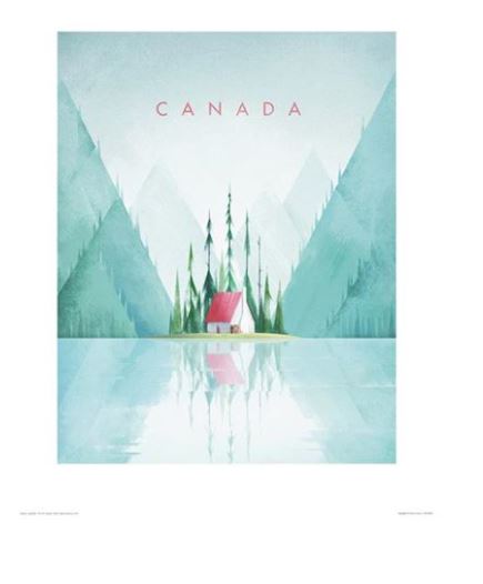 A serene illustration of a small white house with a red roof nestled among tall pine trees, set against a backdrop of towering, misty blue-green mountains. The scene is reflected on a calm, glassy lake. "CANADA" is written in red text at the top, capturing the essence of TAP's Canada by Henry Rivers on premium quality 200gsm Matte Art Paper.