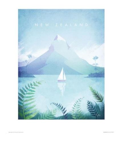 The "New Zealand by Henry Rivers" poster from GAL236 showcases a sailboat on a tranquil lake amid lush ferns, with a majestic snow-capped mountain in the background under a pale blue sky, elegantly printed on matte art paper with "New Zealand" at the top.