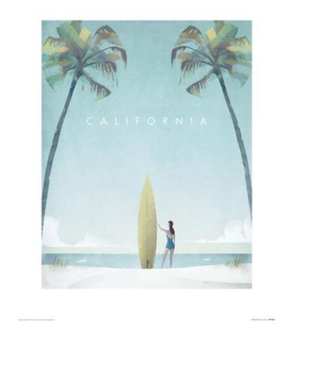 A minimalist poster design **California by Henry Rivers** by **TAP** features a person standing on a beach, holding a surfboard vertically. Two tall palm trees are on either side, and the word "CALIFORNIA" is written at the top in white. The background shows a calm ocean under a clear, blue sky. Printed on premium quality 200gsm Matte Art Paper.