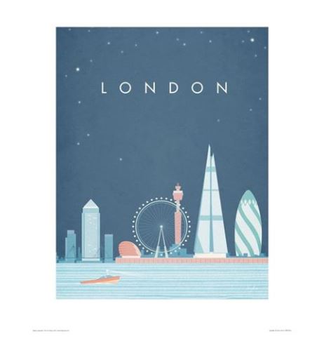 Illustration of London's skyline featuring iconic landmarks like the Shard, Gherkin, and London Eye against a blue night sky backdrop. A water body with a small boat is at the foreground, with the word "LONDON" prominently displayed at the top. This London by Henry Rivers from TAP is perfect for travel prints and comes on premium matte art paper.