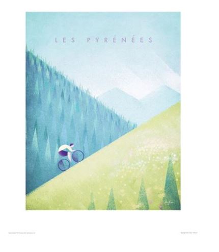 Illustrated poster featuring a cyclist riding up a steep hill in the Pyrenees mountains. The scene has a minimalist, pastel color palette with pine trees on both sides of the winding path and soft mountains in the background. This TAP Pyrenees by Henry Rivers print, perfect for Travel Prints enthusiasts, is crafted on premium quality Matte Art Paper and reads "Les Pyrénées.