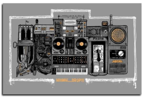 An illustration of a music-themed machine, featuring turntables, speakers, and a keyboard, combined with old-school elements like a vintage phone and cassette tape. The word "SABOTAGE" is seen on the cassette, with "MMmm... DROP!!" text at the bottom. Part of our Limited Edition Tour Prints Collection. Available now as the **Beastie Boys - Silkscreen Print** by **TAP**.