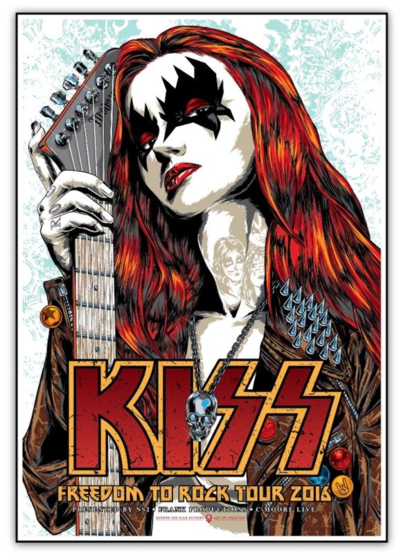 Illustrated poster featuring a woman with red, flame-like hair, face painted like a member of the band KISS, holding a guitar. Text at the bottom reads "KISS Freedom to Rock Tour 2016" in bold, stylized letters. This limited edition Blue Dog Kiss Freedom to Rock Giclee Print boasts a light blue background with intricate patterns.
