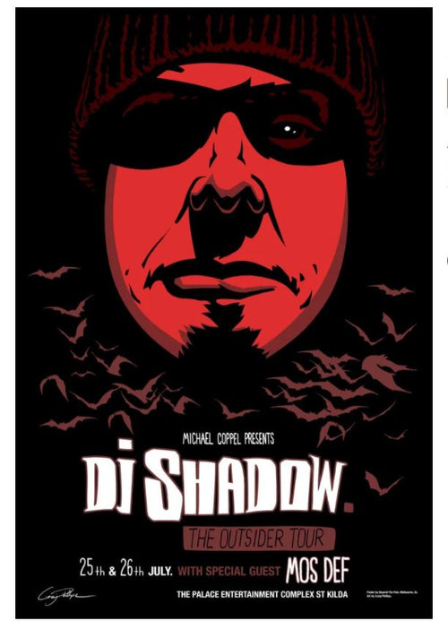 Poster for "Michael Coppel Presents DJ Shadow: The Outsider Tour" featuring special guest Mos Def. This limited edition print, TAP's DJ Shadow Melbourne Limited Edition, showcases a stylized red and black illustration by Craig Phillips, with bats flying in the background. Event dates: 25th & 26th July at The Palace Entertainment Complex, St Kilda.