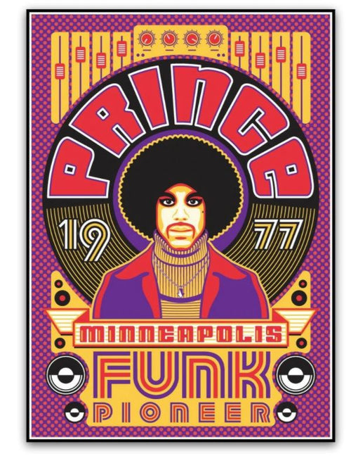 A colorful poster from the Tour Prints Collection features a stylized illustration of a man with an afro, wearing a red jacket and purple turtleneck, set against a vibrant background. Bold text reads "PRINCE Minneapolis Funk Pioneer 1977" with musical elements and abstract designs surrounding him. This is the Prince 1977 Minneapolis Print by Blue Dog Posters.