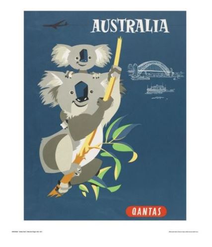 A vintage advertising art print showcases two koalas holding a eucalyptus branch against a blue background. The word "Australia" tops the scene, with an airplane silhouette and the Sydney Harbour Bridge in the backdrop. The TAP Qantas - Australia Koala logo graces the bottom, completing this charming travel print.