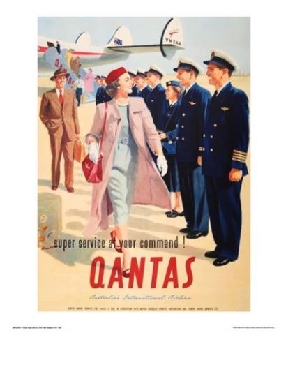 A vintage advertising art print features a woman in a pink coat and red hat walking past airline crew members in uniforms. The background showcases an airplane and more people. Text reads, "super service at your command! TAP Qantas - Super Service." Perfect for the Travel Prints Collection.