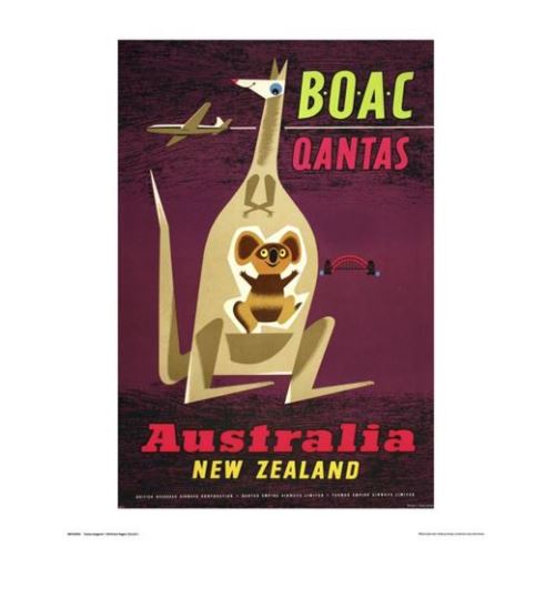 Vintage travel poster featuring a stylized kangaroo with a koala in its pouch, promoting flights to Australia and New Zealand by BOAC and Qantas. An airplane flies above the kangaroo against a maroon background—a classic TAP Qantas - Kangaroo perfect for enthusiasts of Large Travel Prints.