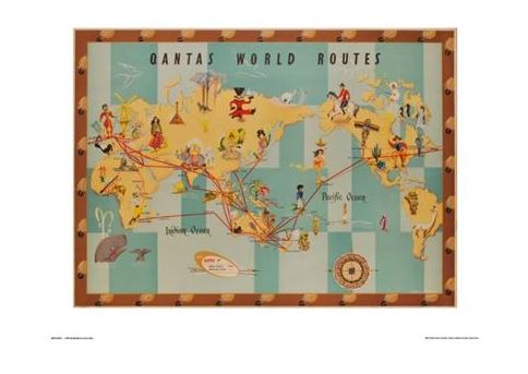 A vintage TAP Qantas - Anna Drew 1950 Route Map illustrates various international flight routes. The large travel print features colorful, cartoonish depictions of people, animals, and landmarks across continents and oceans, showcasing destinations linked by red flight paths. Text reads "Qantas World Routes.