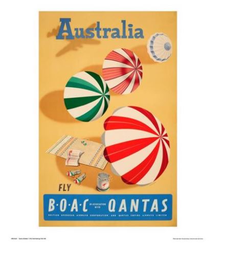 A vintage travel poster promoting flights to Australia with BOAC and Qantas, available as a high-quality Qantas - Umbrellas Art Print on 200gsm Matte Art Paper by TAP. The poster features bright beach umbrellas, an aerial view of a sandy beach with a towel, book, and drink can. "Australia" is prominently displayed at the top.