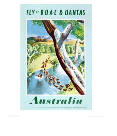 A vintage travel poster, perfect for any collection of Qantas - Stamp by TAP, depicts a scenic Australian landscape with kangaroos hopping near a river, surrounded by eucalyptus trees. The text at the top reads "Fly by BOAC & Qantas" and at the bottom "Australia." The design is bordered by a light blue frame.