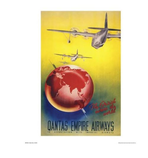 Vintage TAP poster with text "Qantas - Empire Airways - Fly British!" The image showcases two airplanes flying above a red globe with visible continents. The yellow background and additional text at the bottom mentioning Imperial Airways make this a striking example of Vintage Advertising Art Print.