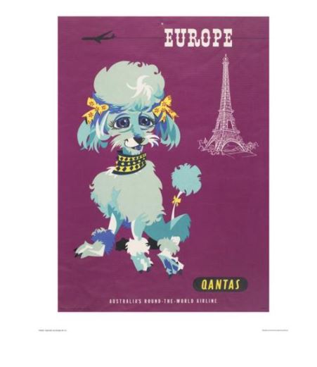 A vintage TAP travel poster, one of many captivating Qantas - Europe Poodle Prints, features a stylized blue poodle with a yellow bow and spiked collar against a purple background. The word “EUROPE” and an illustration of the Eiffel Tower hover above the dog, with the TAP logo gracing the bottom.