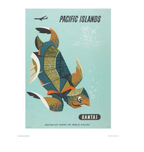 A vintage travel poster features a stylized sea turtle in geometric patterns and earthy tones swimming against a turquoise background. The text reads "PACIFIC ISLANDS" at the top, with a TAP logo and "Qantas - Pacific Islands Turtle" at the bottom—perfect for lovers of vintage travel prints.