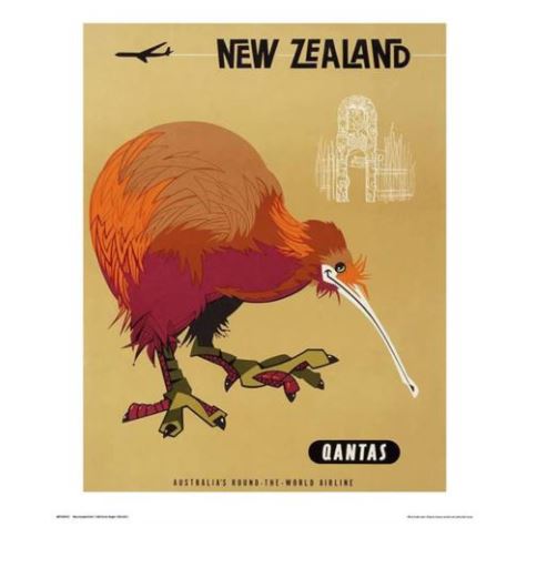 A vintage travel poster showcases a stylized illustration of a kiwi bird with red and brown feathers, standing on one leg. Above it, text reads "NEW ZEALAND" with a small airplane illustration. This TAP - New Zealand Kiwi features "QANTAS" at the bottom, celebrating "Australia's Round-the-World Airline.
