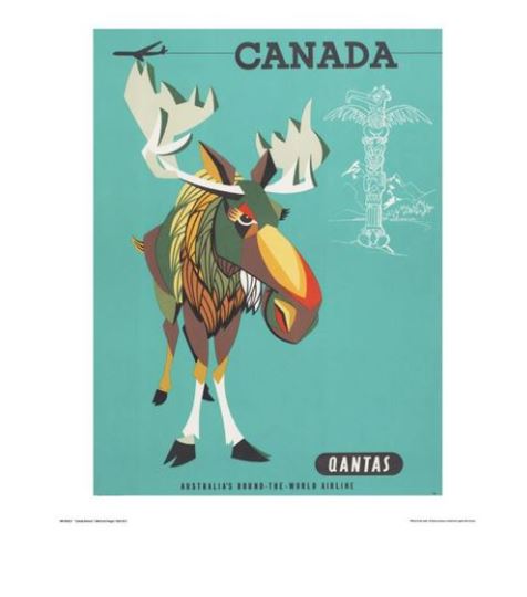 A vintage-style poster promoting TAP with "Canada" written at the top. It features an illustrated moose in the center. To the right, there is a totem pole and a small aircraft flying towards mountains in the background. This captivating Qantas - Canada Moose reads "Australia’s Round-the-world Airline" at the bottom.