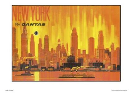 A vintage travel poster features the New York City skyline in warm, golden hues with the text "NEW YORK Fly QANTAS" in bold letters. This captivating piece of TAP Qantas - New York Print 40x50cm depicts various skyscrapers and two boats on the water in the foreground.