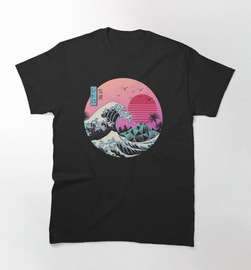 Introducing "The Great Retro Wave T-Shirt" in white, size SML by Vincent Trinidad. This super cool tee showcases a vibrant print inspired by Japanese art, featuring geometric mountains, flying birds, and palm trees set against a stunning pink and purple sunset. The design is complemented with Japanese characters.