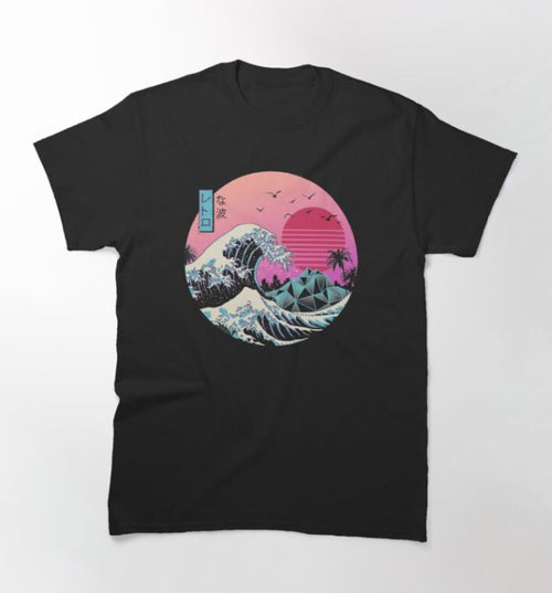 The Great Retro Wave T-Shirt Black LGE by Blue Dog Posters showcases a vibrant artistic design featuring an ocean wave, mountains, palm trees, birds, and a setting sun. Created by artist Vincent Trinidad, this black T-shirt embodies a retro vaporwave aesthetic with shades of pink, blue, and purple and includes Japanese characters for an added touch.