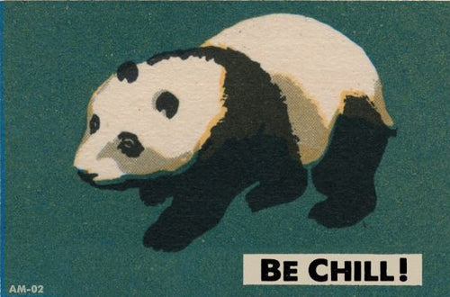 An illustration of a panda walking against a green background. Text in the lower right corner reads, "BE CHILL!" In the bottom left corner, there is a small code that says "AM-02." This design is perfect for a postcard in your Blue Dog Posters' Cards Collection: Retro Animal Postcard - Be Chill.